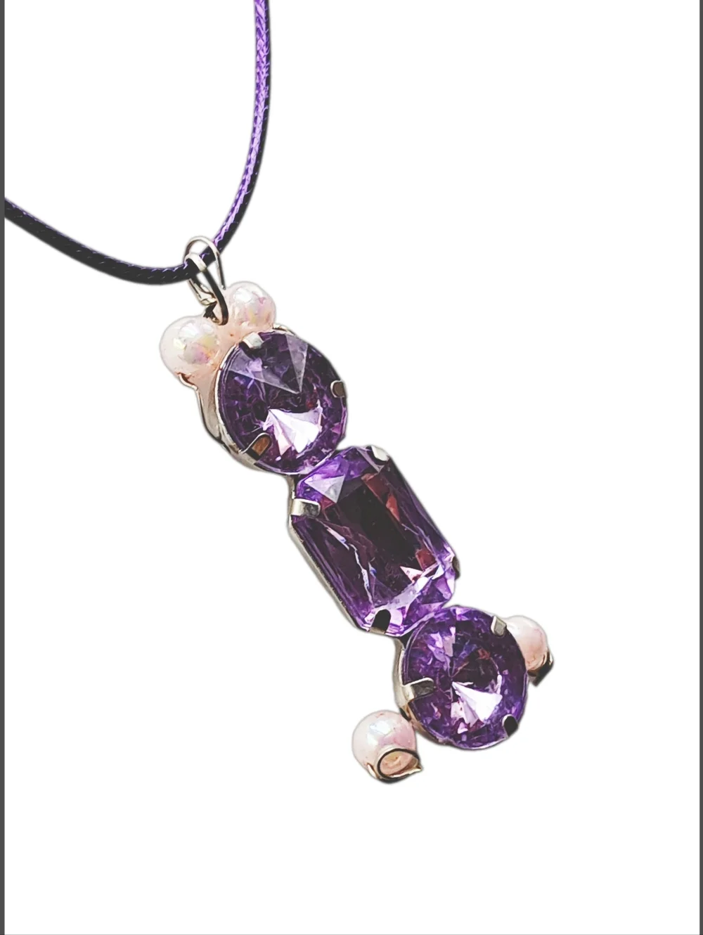 Purple Rhinestones and Pink Beads Pendant on Purpose Cord Necklace. NWOT